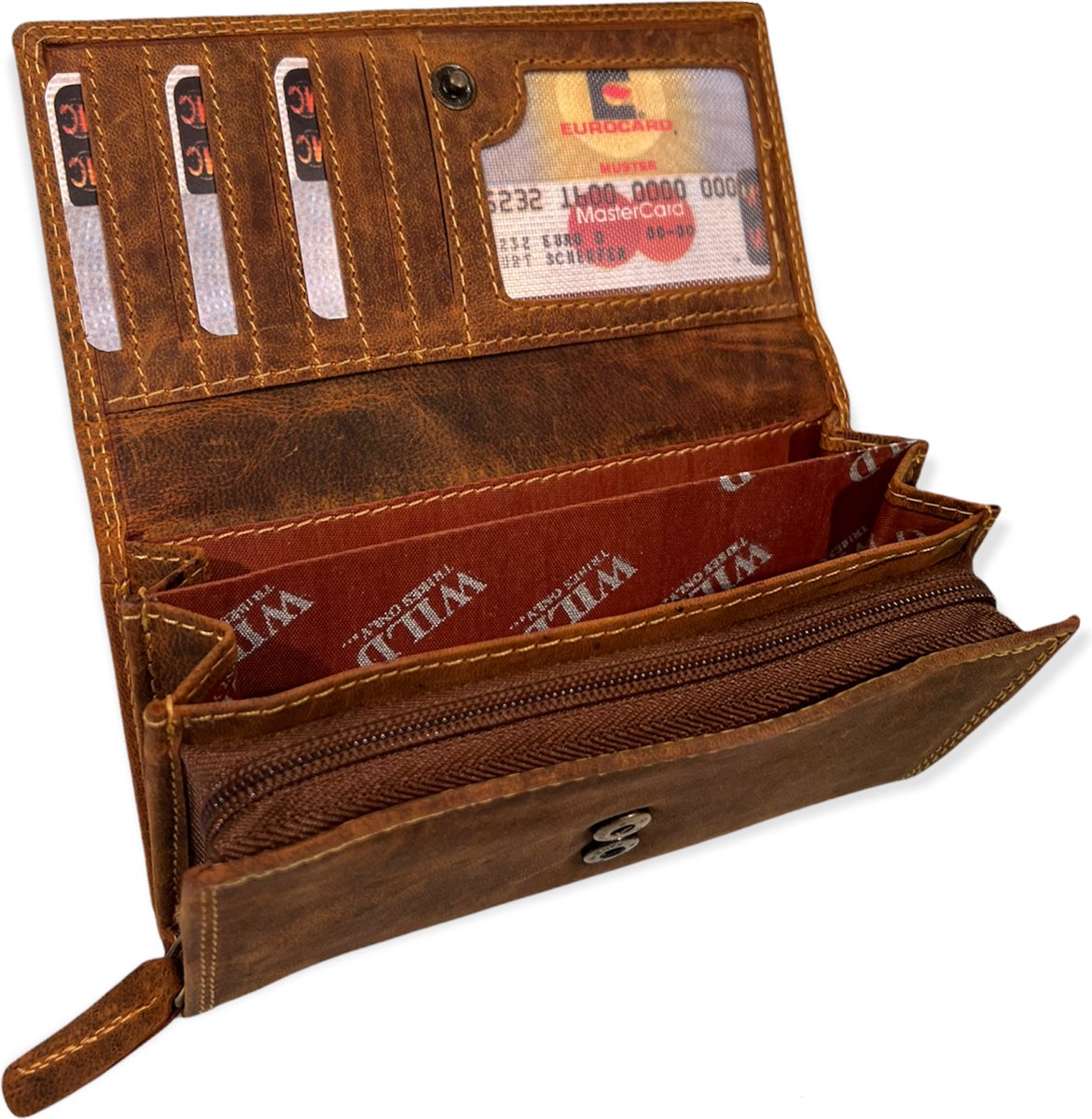 WILD REAL - Portemonnee Dames - Overslagportemonnee - Buffel Leder  - 17 x 10 x 3 cm - Inhoud 17 pasjes - Anti-Skim